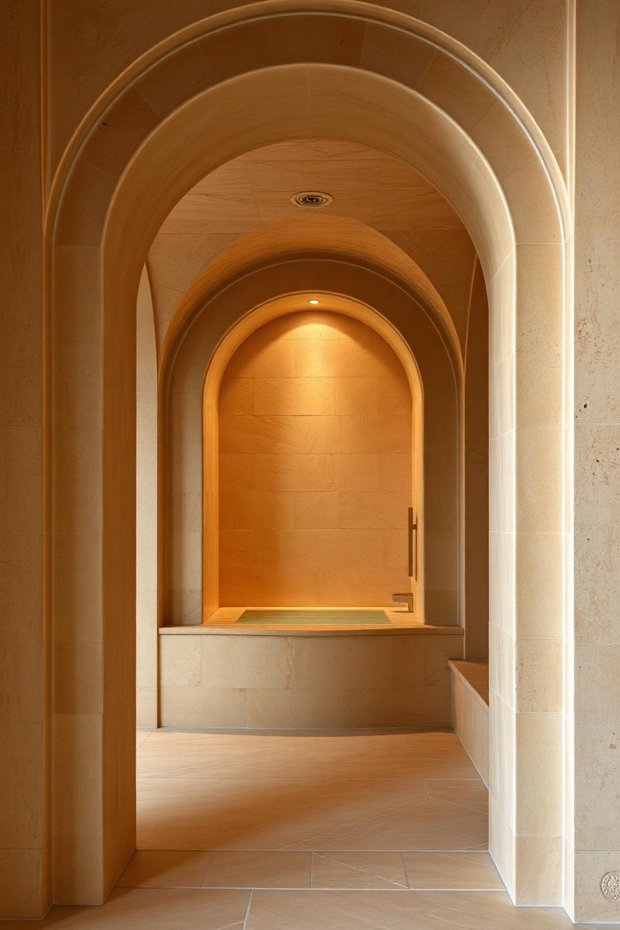 Hammam revestido en travertino con nicho en arco