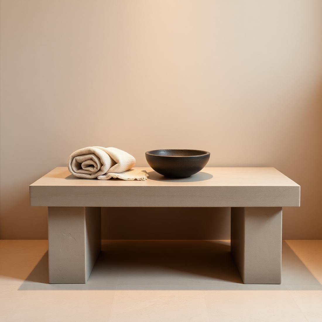 Banco de piedra caliza con toalla de lino y bowl de piedra