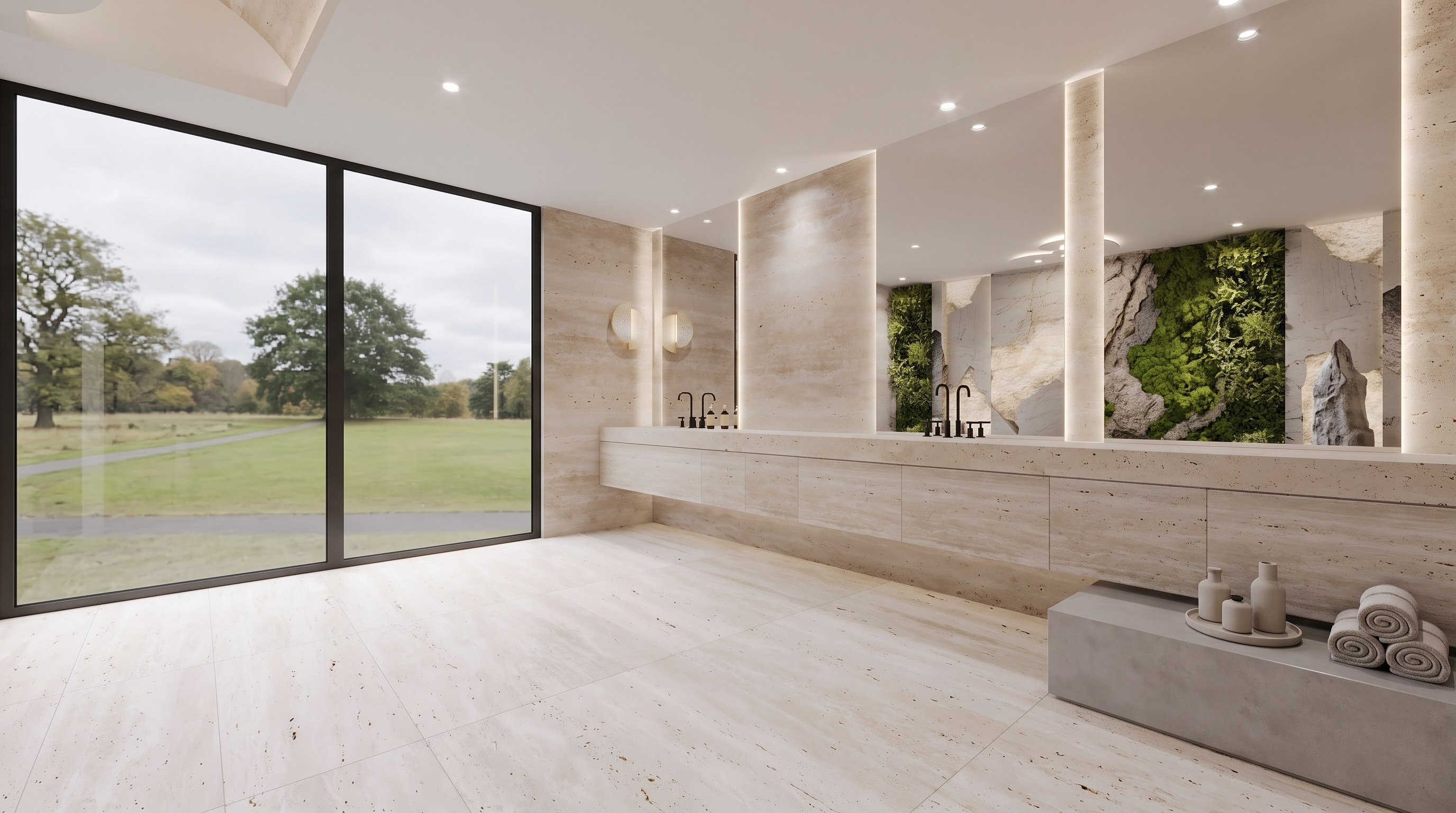 Baño revestido en travertino con vanitorio flotante