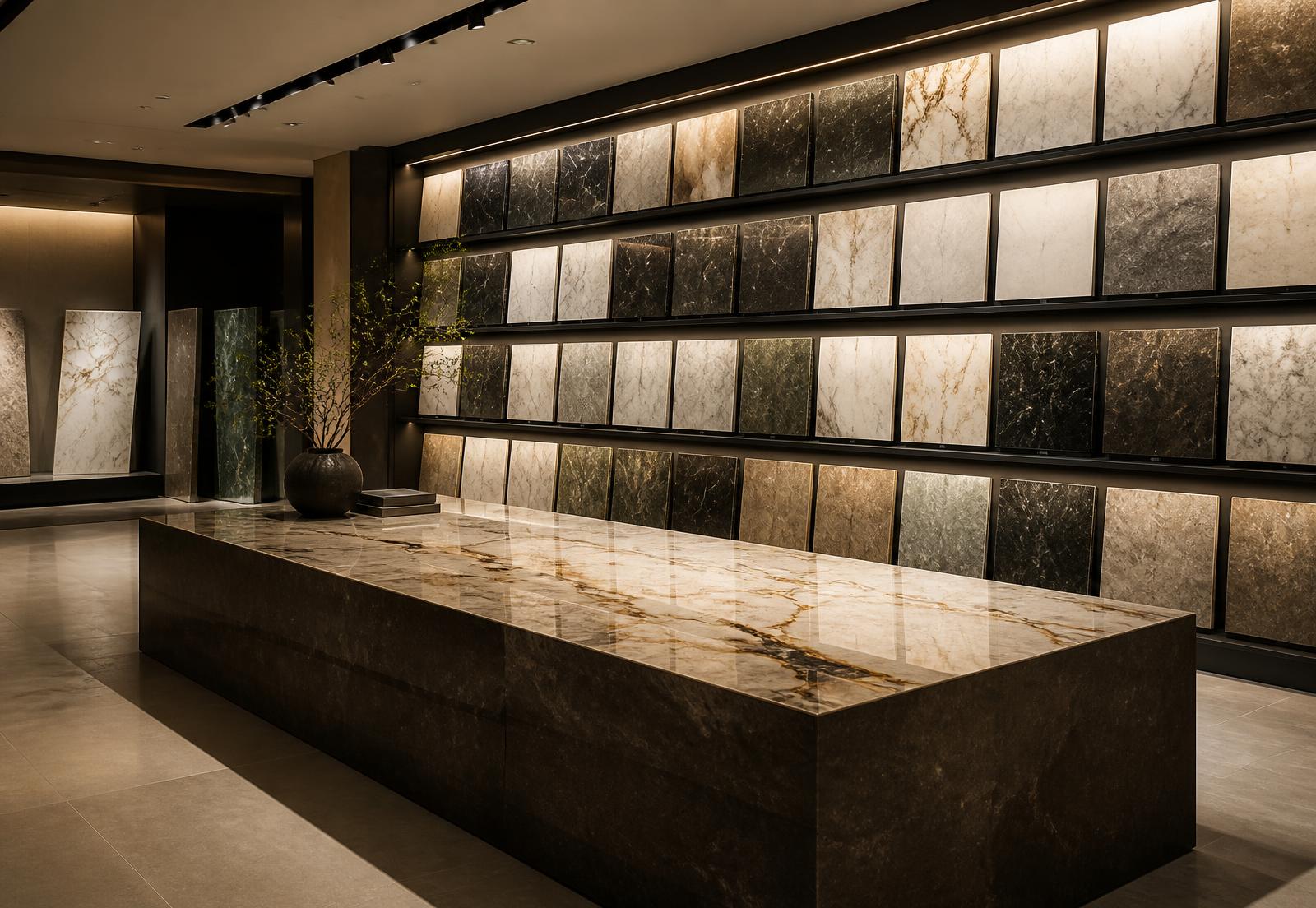 Interior del showroom de VETTA con muestras de piedra